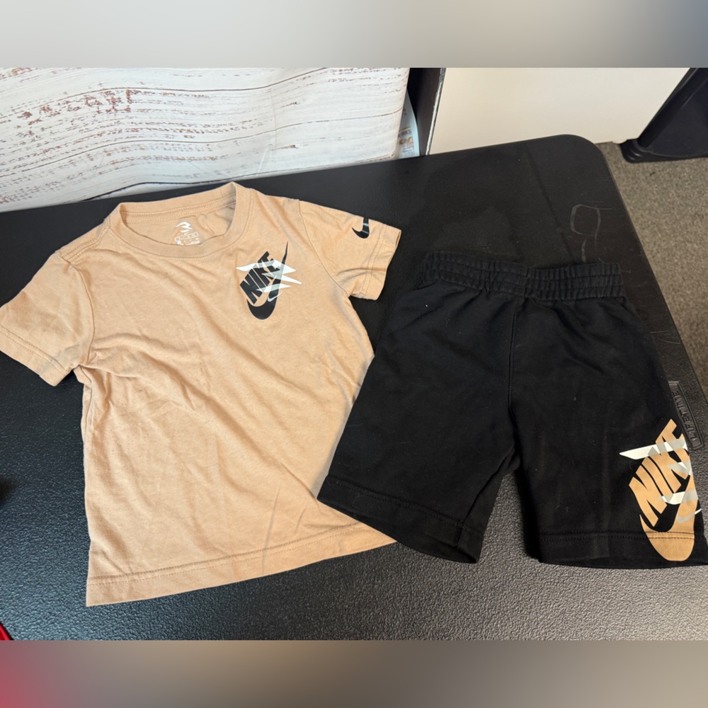 Nike Tan Tee with Black Logo & Black Shorts Set